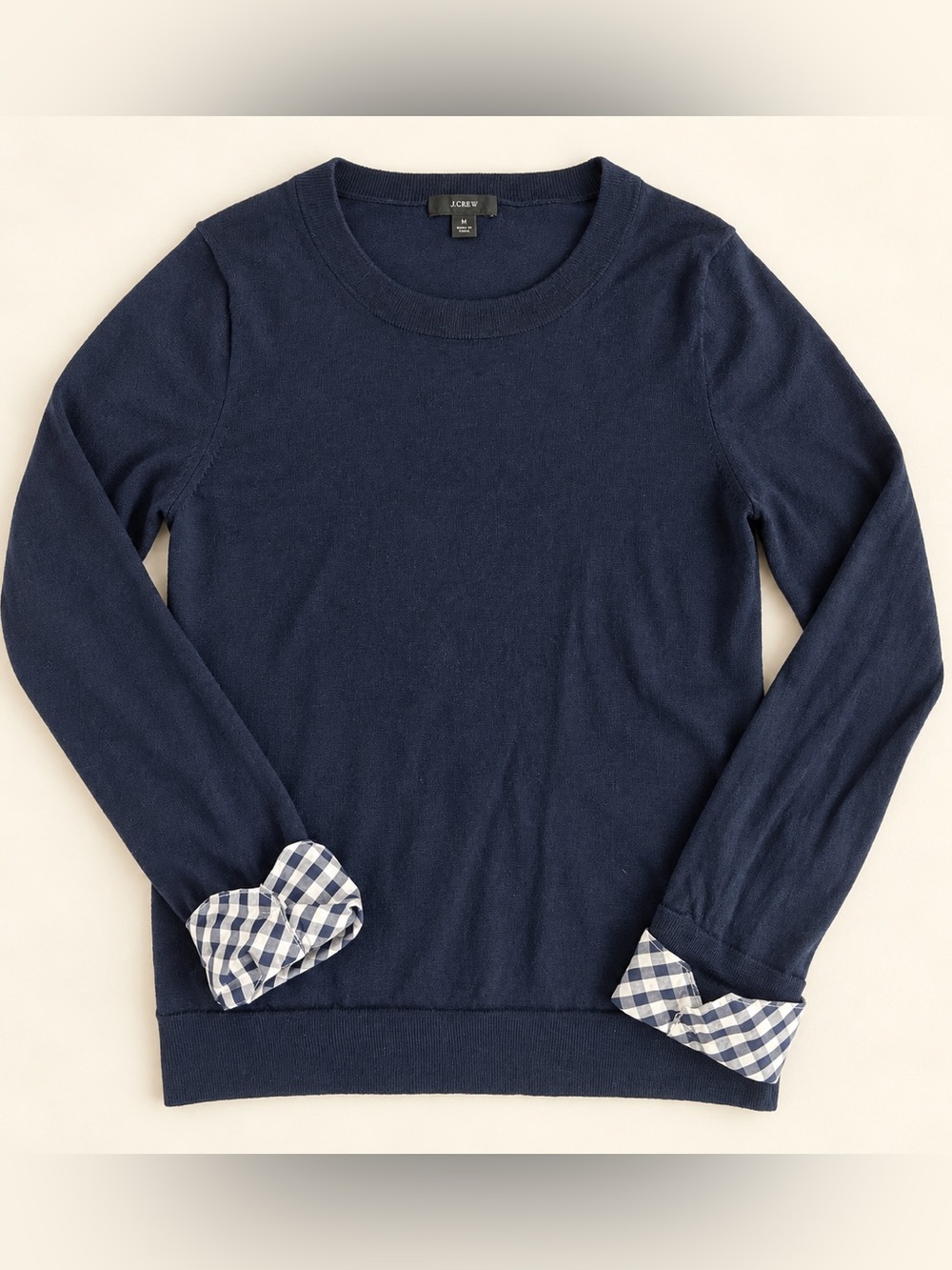 J. Crew Navy Sweater with Gingham Cuff Detail
